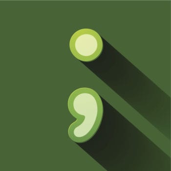 A green semicolon on a green background in a colorful, modern style.