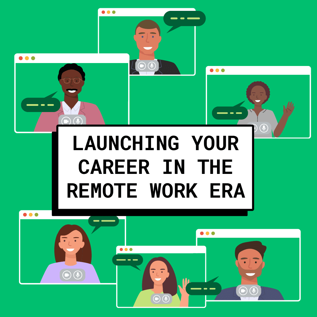 Launching your career in the remote work era with illustrated people on meeting screens