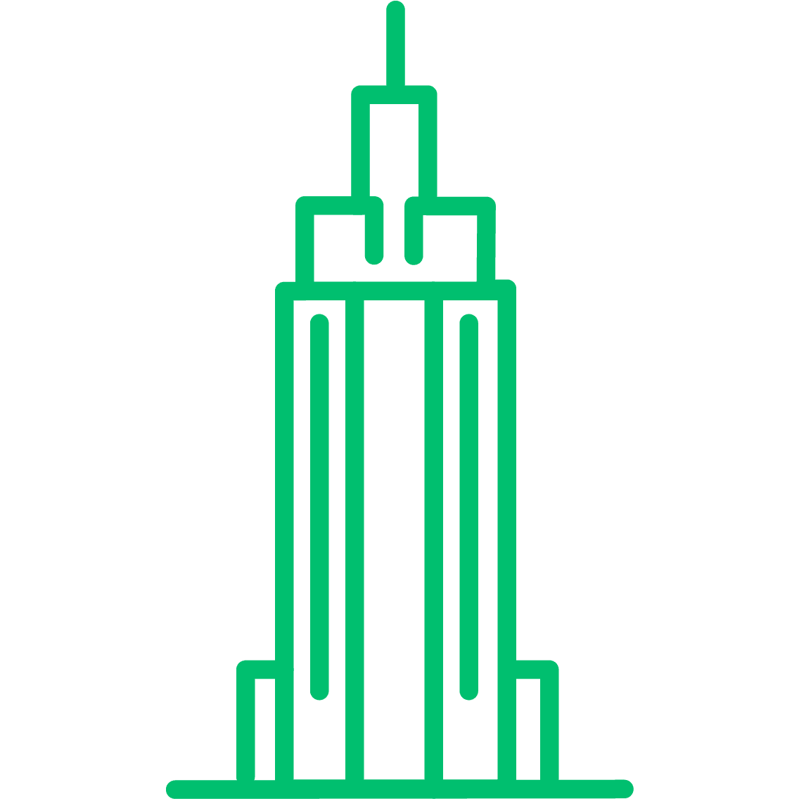 A green lineart icon of the Empire State Building