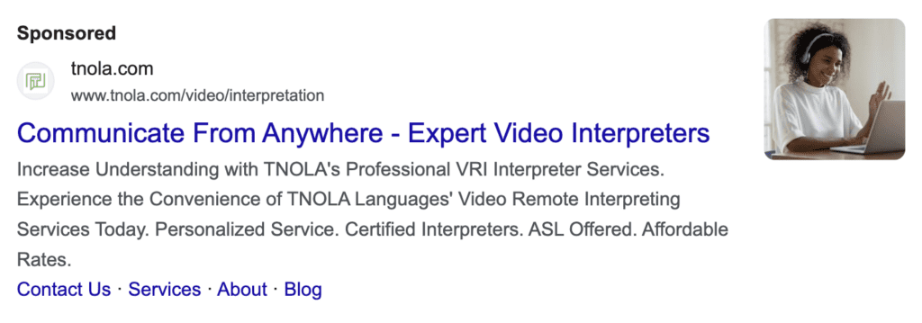 A Google ad for TNOLA that reads "Communicate from Anywhere - Expert Video Interpreters"