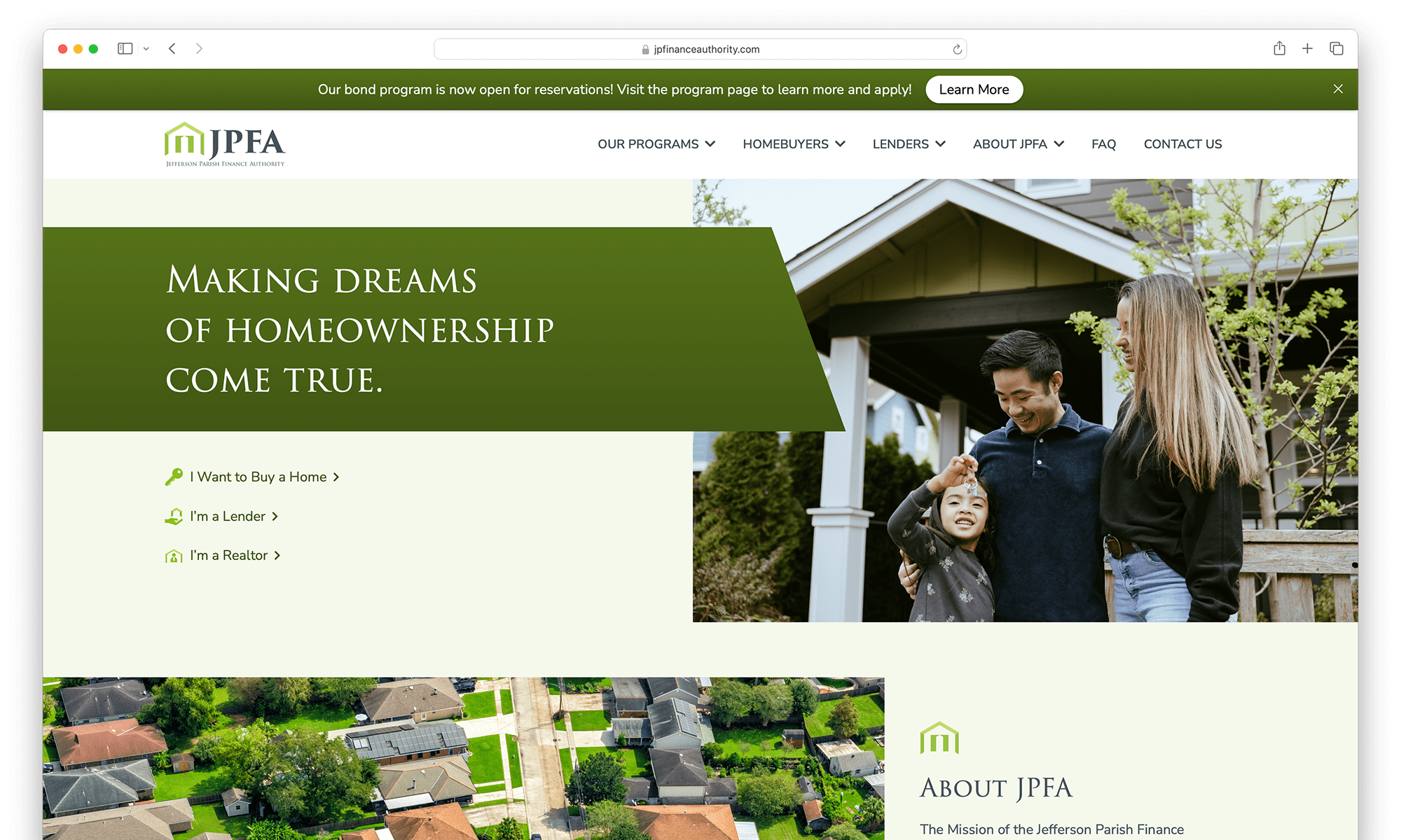 JPFA's new homepage. It is dynamic and warm, with imagery of families moving into new homes and an aerial shot of Jefferson Parish.