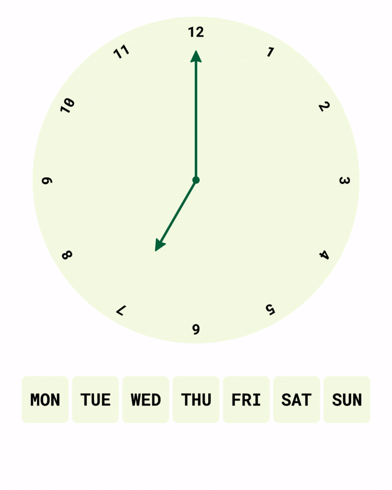 Animation of clock displaying morning hours and a calendar displaying weekdays, especially Tuesdays and Thursdays