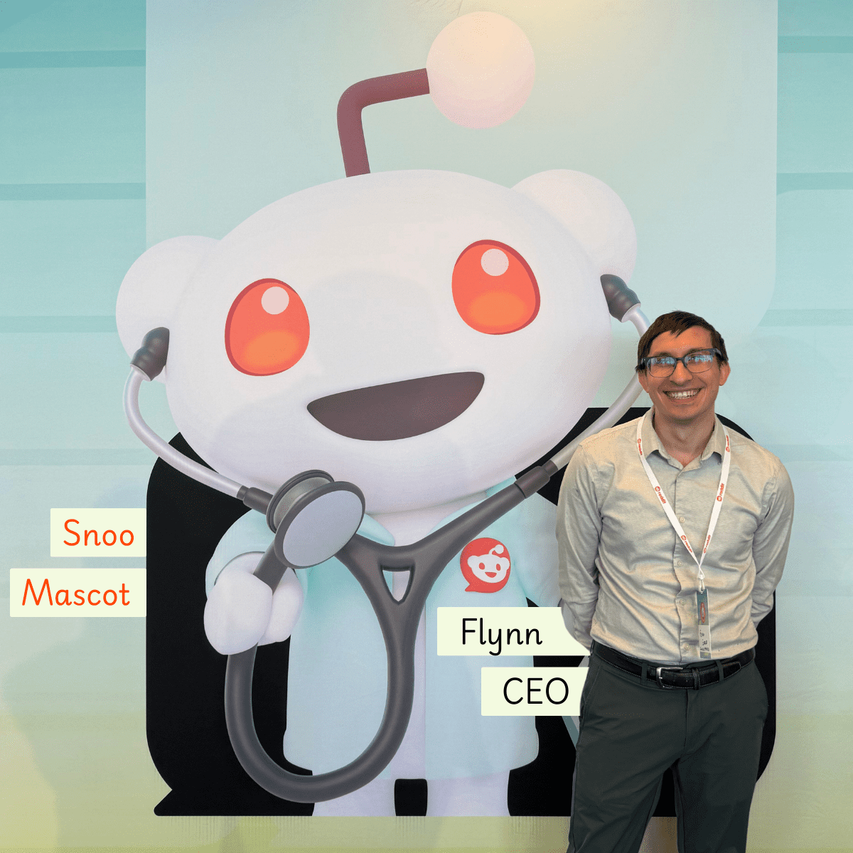 Flynn hanging out with Snoo at Reddit's 2025 Health Summit
