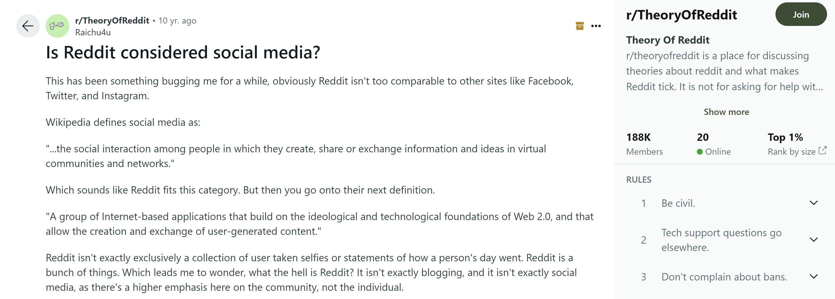 Screenshot of someone asking "Is Reddit Considered Social Media" in 2014?