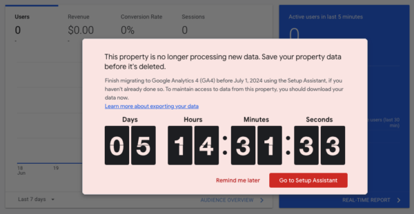 Screenshot of the notification from Analytics indicating the Universal Analytics data will be deleted on July 1