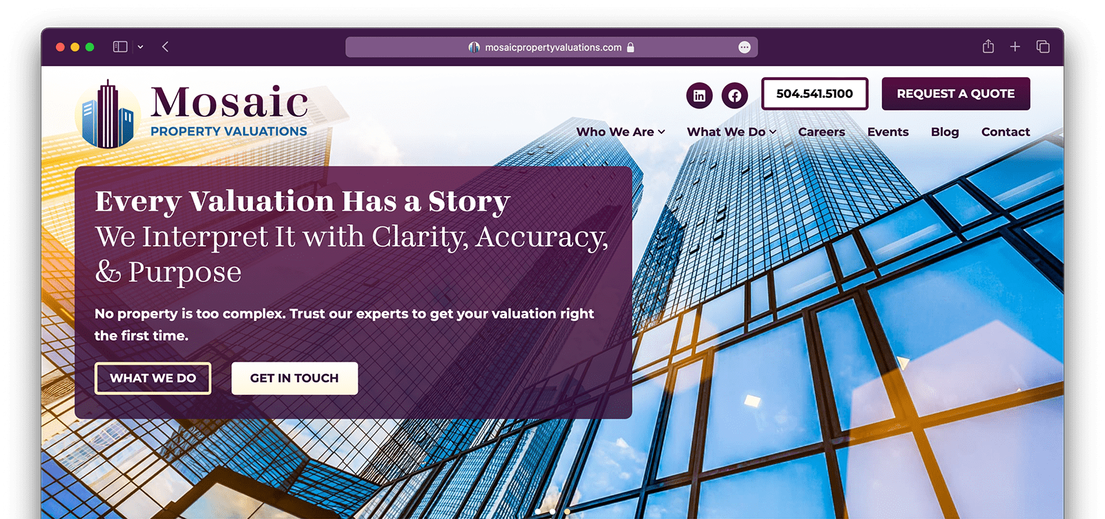 Mosaic's home page, with their tagline: Every Valuation Has a Story - We Interpret It with Clarity, Accuracy, & Purpose