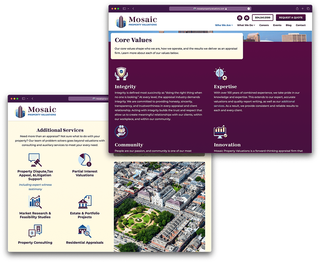 Some of Mosaic's custom icons on their Home and Core Values pages, showing their additional services and values