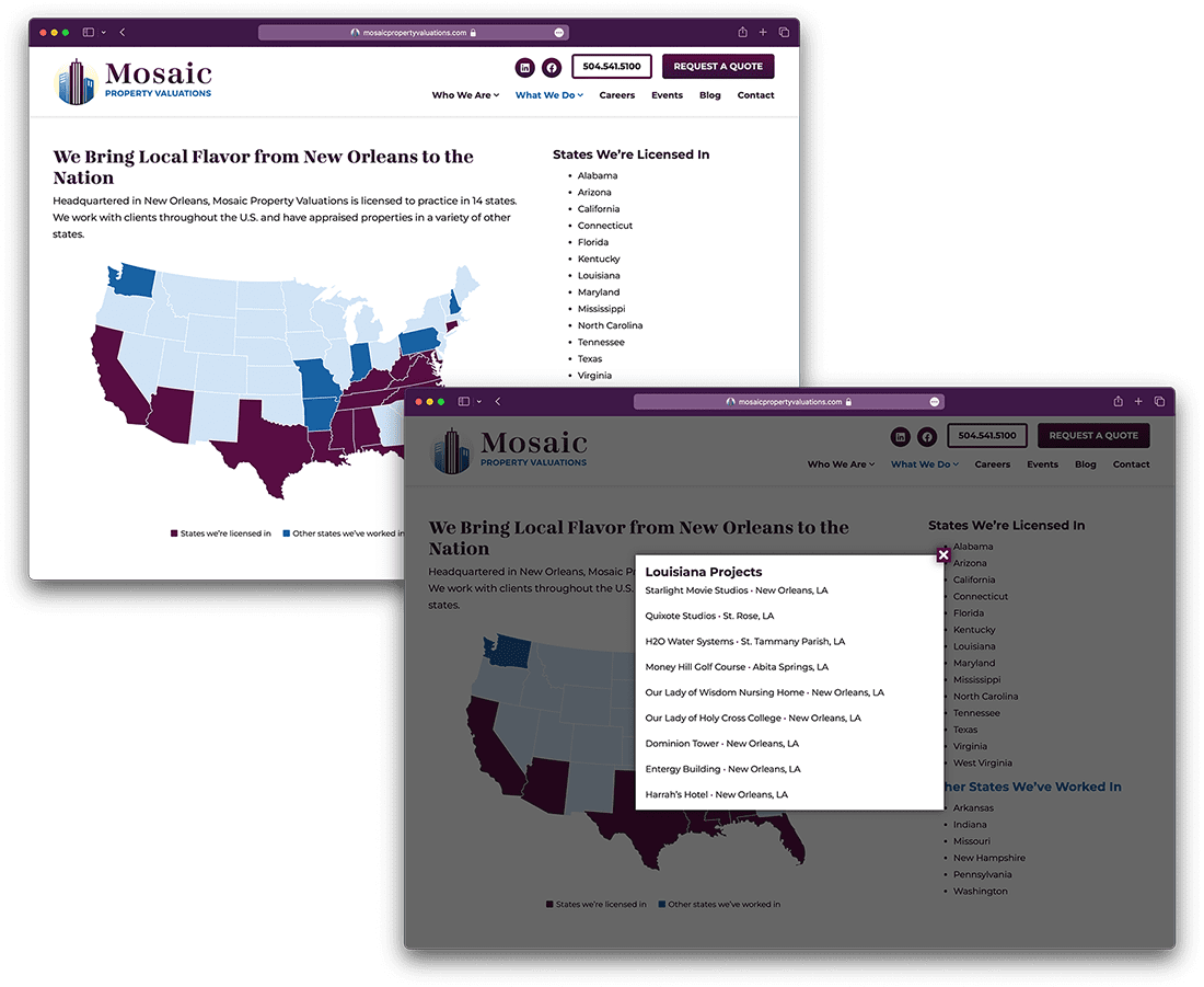 Mosaic's interactive map, with clickable states that show pop-ups with lists of projects that their team has appraised