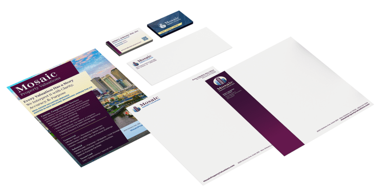 Mosaic's collateral set: business cards, custom envelope design, multiple letterhead designs, and a sales one-pager