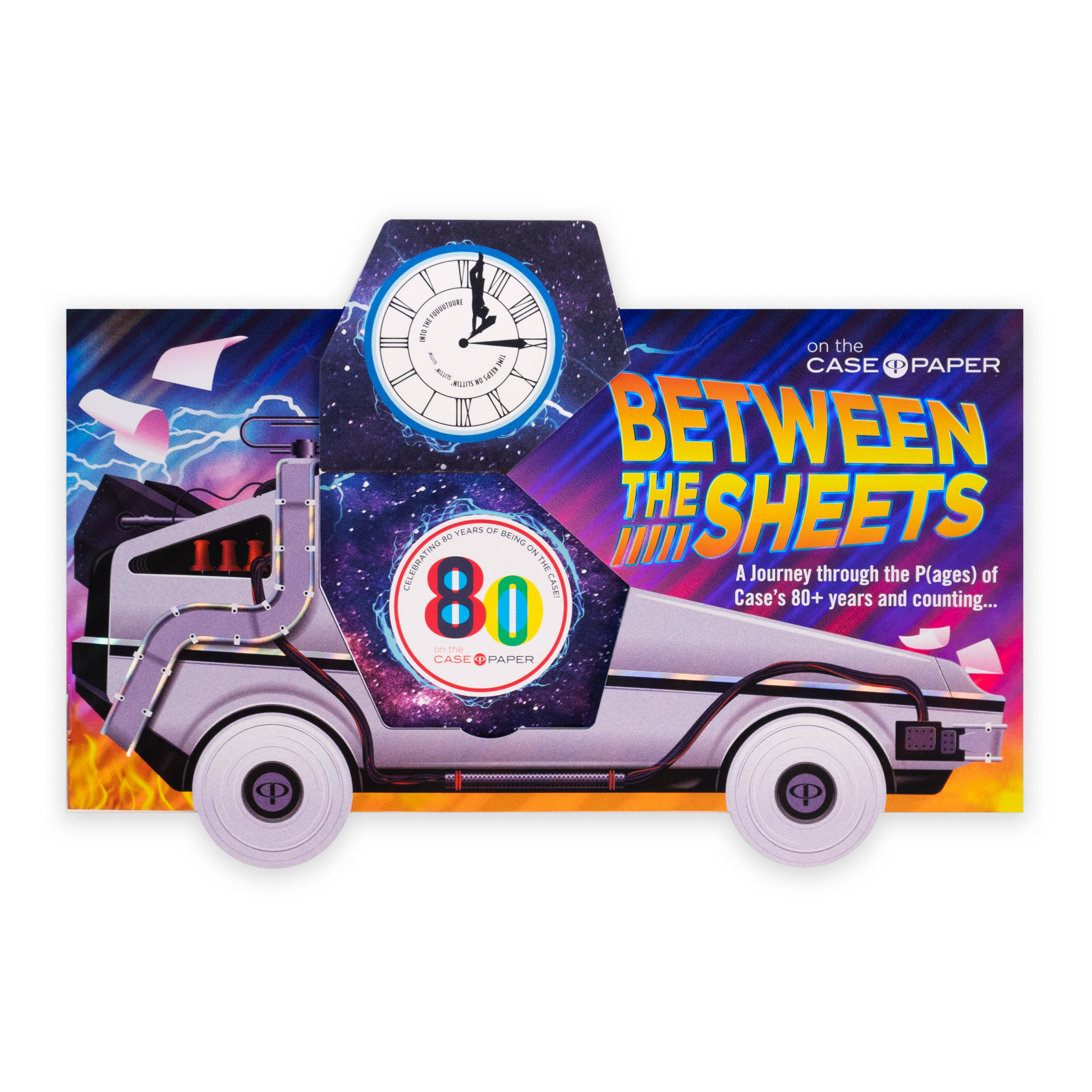 Cover of "Between The Sheets" magazine, featuring a DeLorean Car with a die-cut peephole door.