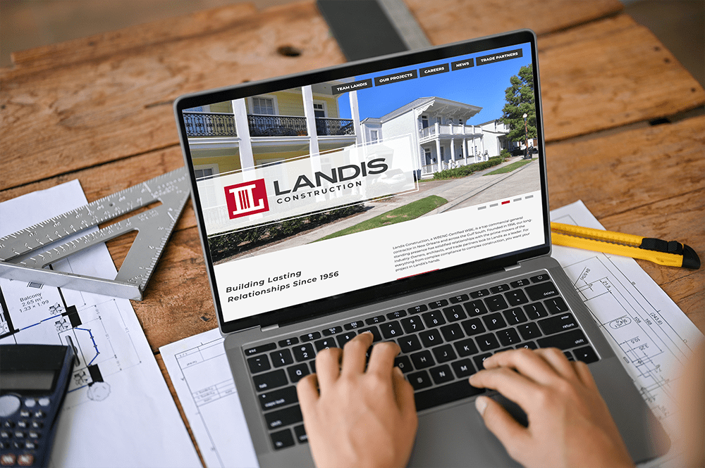 An architect visits the Landis Construction website on a laptop.