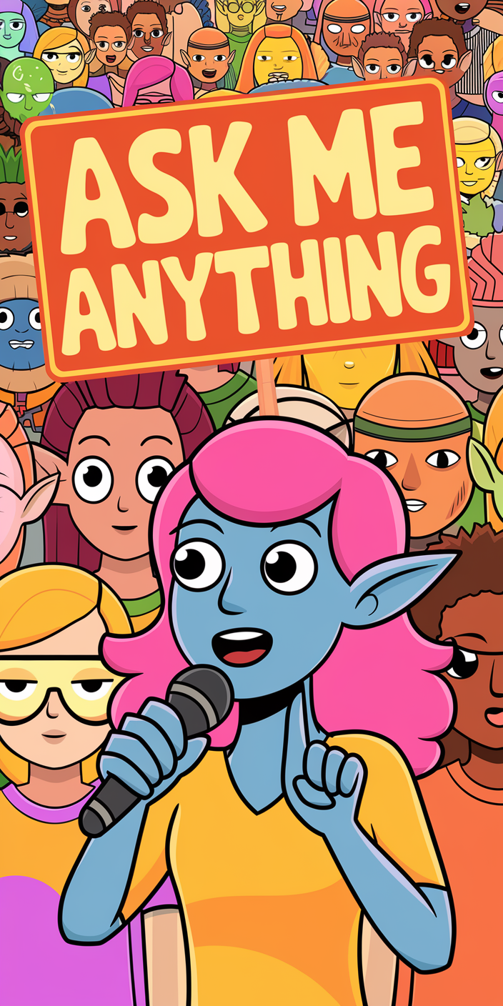 A character saying 'Ask Me Anything' to a group of people