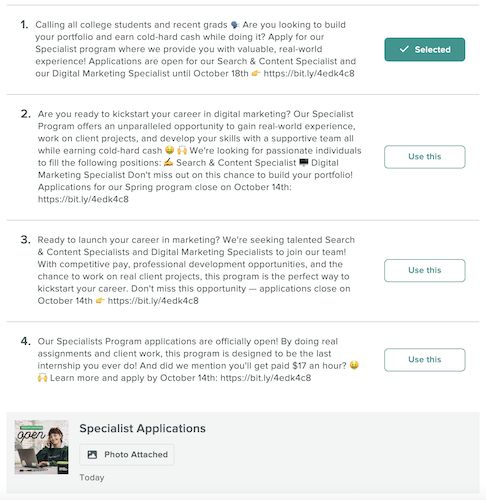 A screenshot of message ideas written by our Social Media Department on Sprout Social's Employee Advocacy platform