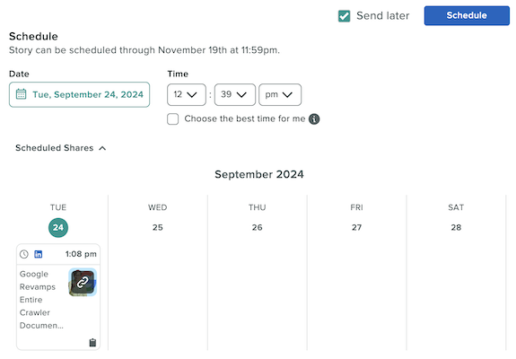 A screenshot showing a story that can be scheduled through November 19 with areas to set the date and time