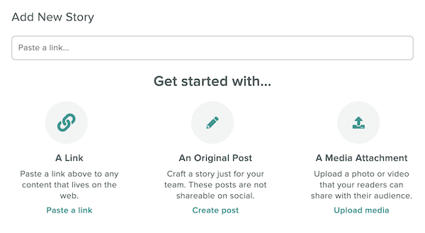 A screenshot of how to add a new story on Advocacy, including options to paste a link, craft a story just for your team, or upload a media attachment