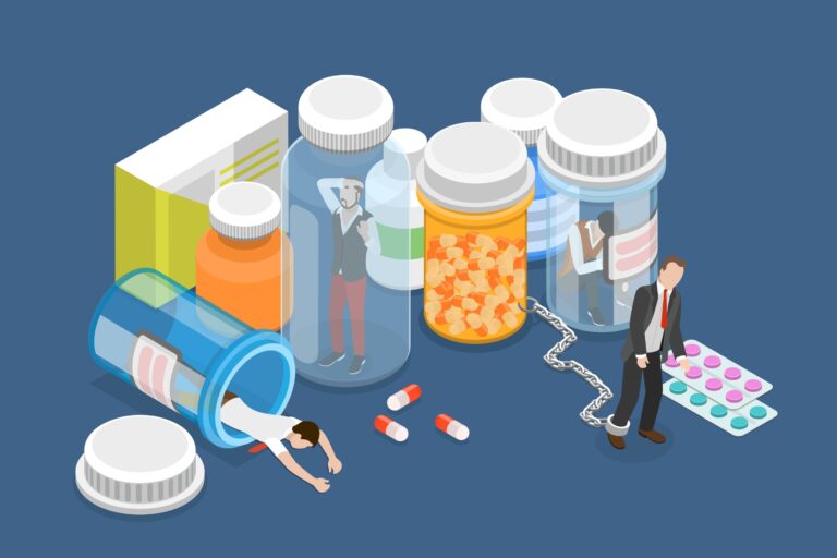 Illustration of prescription drugs and people.