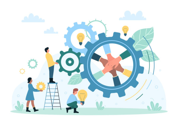 Effective cooperation of strong dedicated team, enterprise development and teamwork vector illustration. Cartoon tiny people holding light bulbs and working with moving gears, collaboration of workers