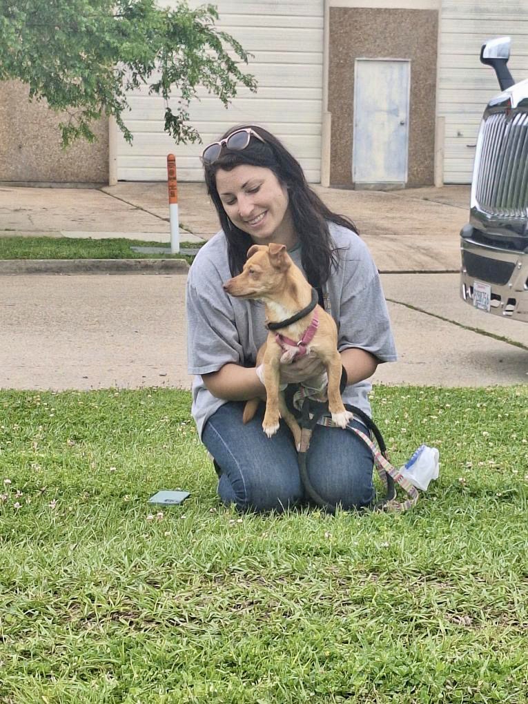 Optimist holding a puppy at a volunteering event