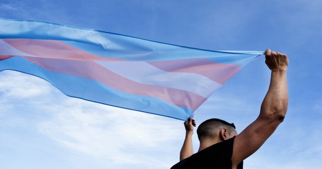 a young caucasian person, seen from behind, holding a transgender pride flag over their head against the blue sky