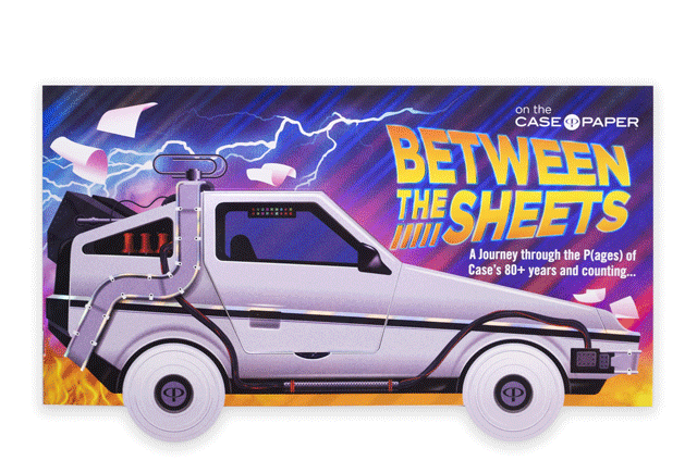 Cover of "Between The Sheets" magazine, featuring a DeLorean Car with a die-cut peephole door.