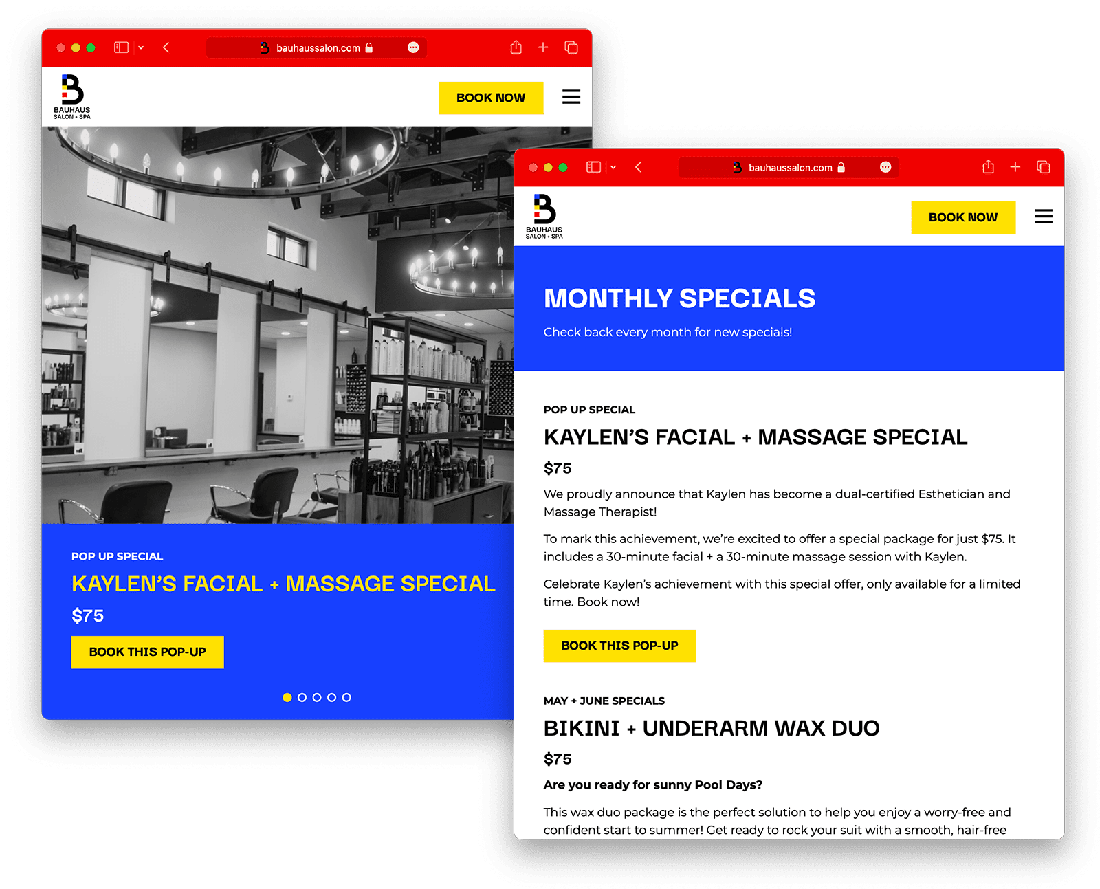 Monthly Specials carousel and main page on Bauhaus Salon + Spa's new website