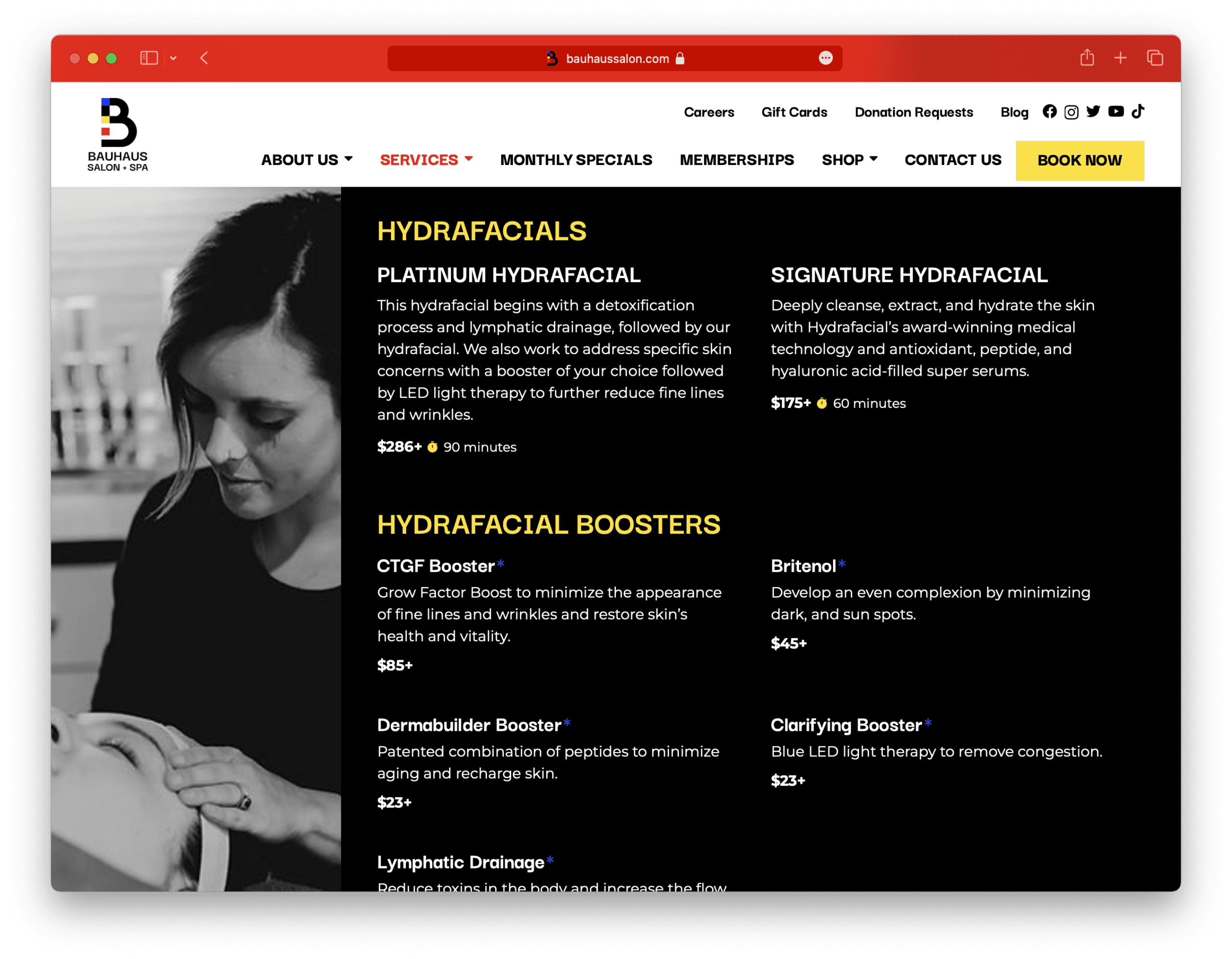 Bauhaus Salon + Spa's Skin Services page, displaying part of the front-facing services lists we implemented