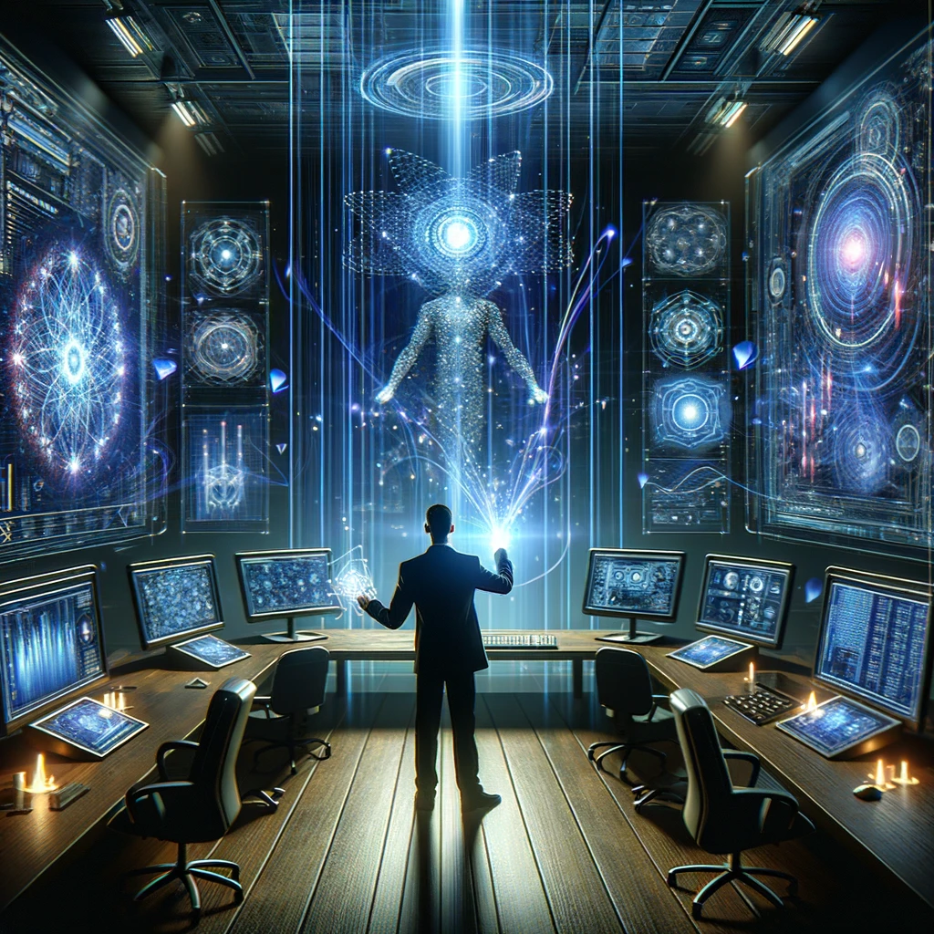 A ChatGPT-generated image created in response to the prompt "Create an image of a business owner using AI -- make an image that seems magical". It features a man in a suit surrounded by computers with strange blue glowing graphics which extend onto the walls around him. Light springs from where his hands should be, creating a human figure suggestive of Buddhist iconography out of points of light on the wall in front of him.