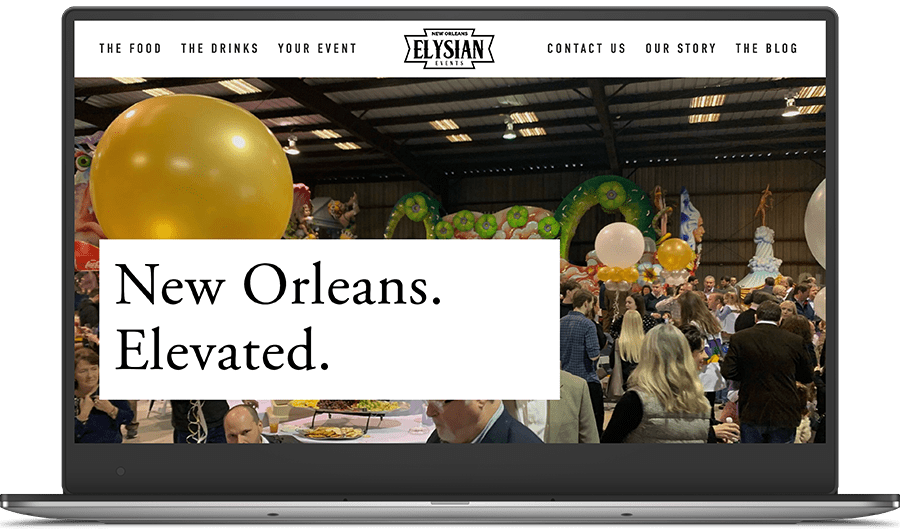 Elysian Events Catering's previous website homepage. The tagline reads "New Orleans. Elevated."