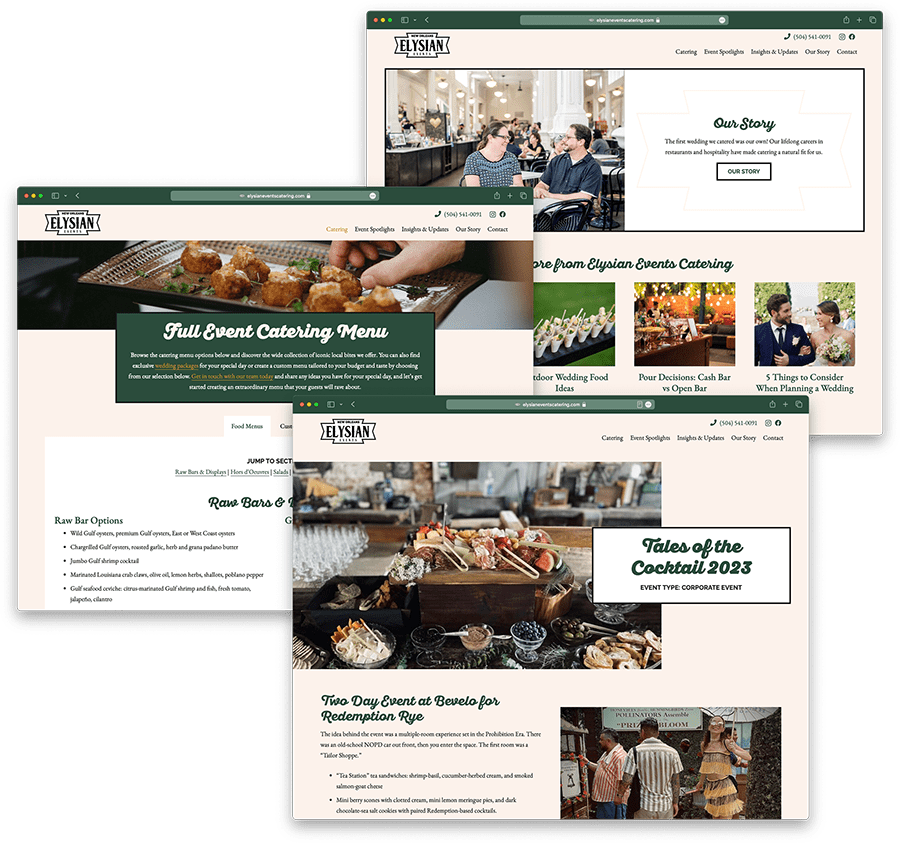 A selection of pages from Elysian's new site that display the new visuals we developed for the build, including the new forest green and peach colors and script heading font