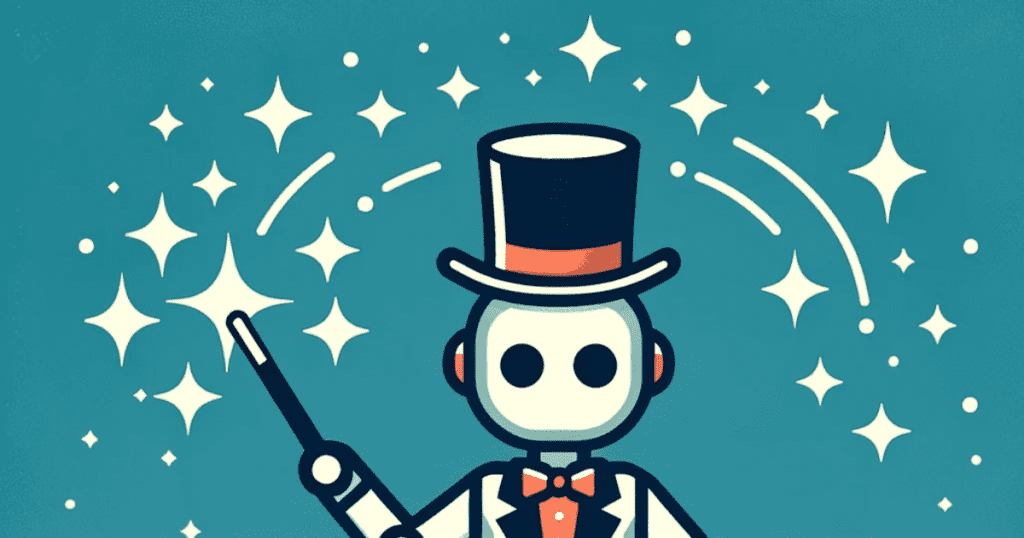A cartoon robot wearing a top hat and waving a magic wand.