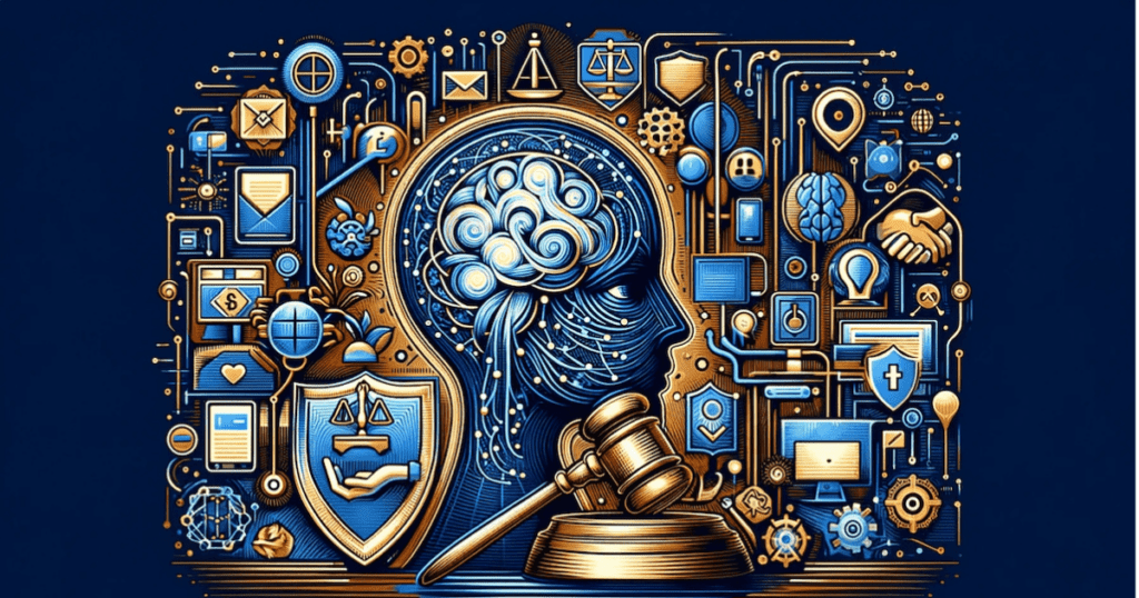 AI-generated illustration of a head and brain in silhouette, surrounded by legal iconography like gavels, scales, handshakes, and contracts.
