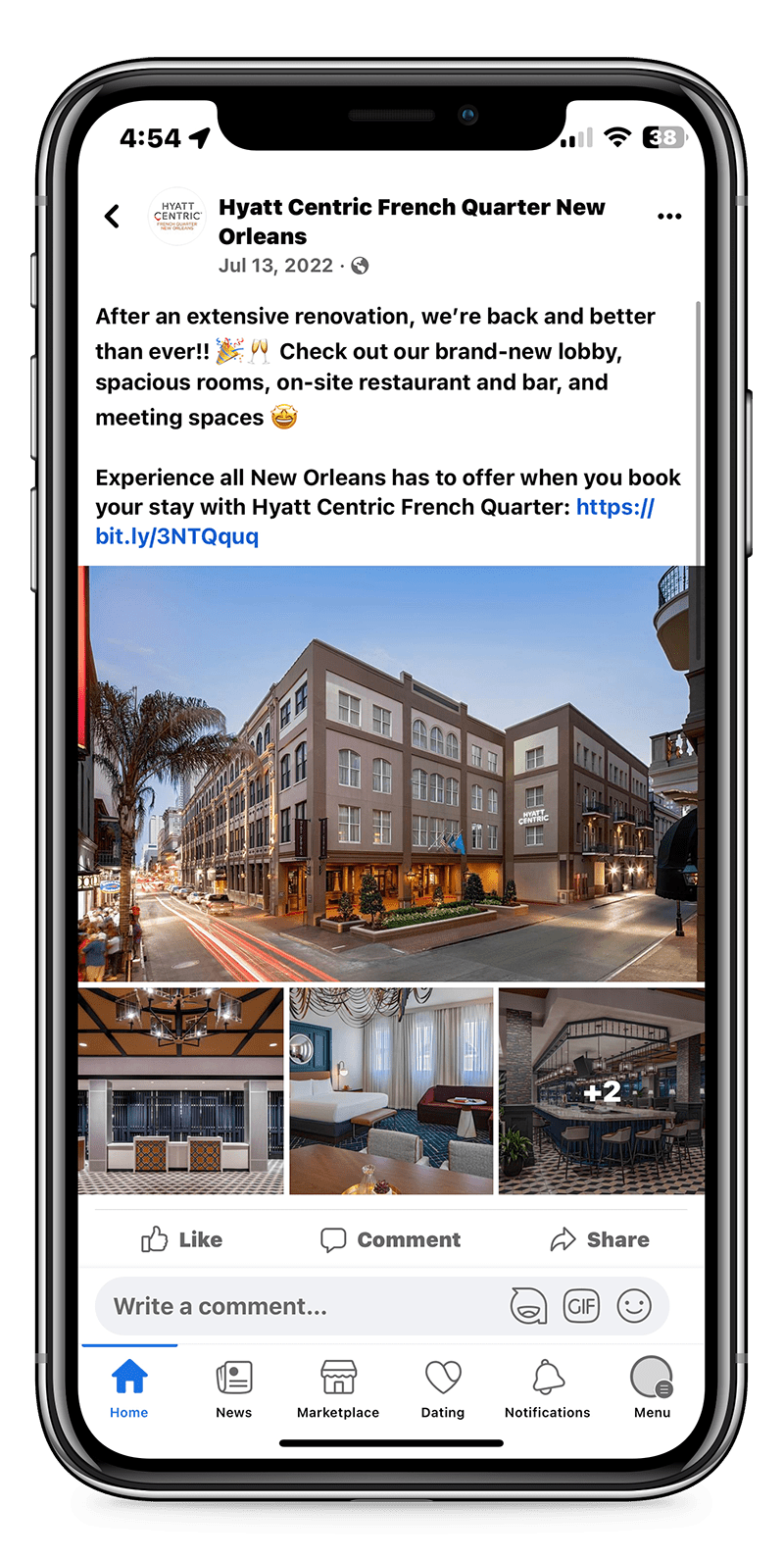 Several photos of Hyatt Centric in a Facebook post on Hyatt's account. Caption: "After an extensive renovation, we’re back and better than ever!! Check out our brand-new lobby, spacious rooms, on-site restaurant and bar, and meeting spaces. Experience all New Orleans has to offer when you book your stay with Hyatt Centric French Quarter: [link]"