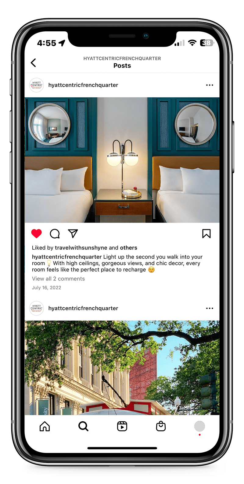 Photo of a Hyatt Centric double hotel room on Hyatt's Instagram. Caption: Light up the second you walk into your room. With high ceilings, gorgeous views, and chic decor, every room feels like the perfect place to recharge."