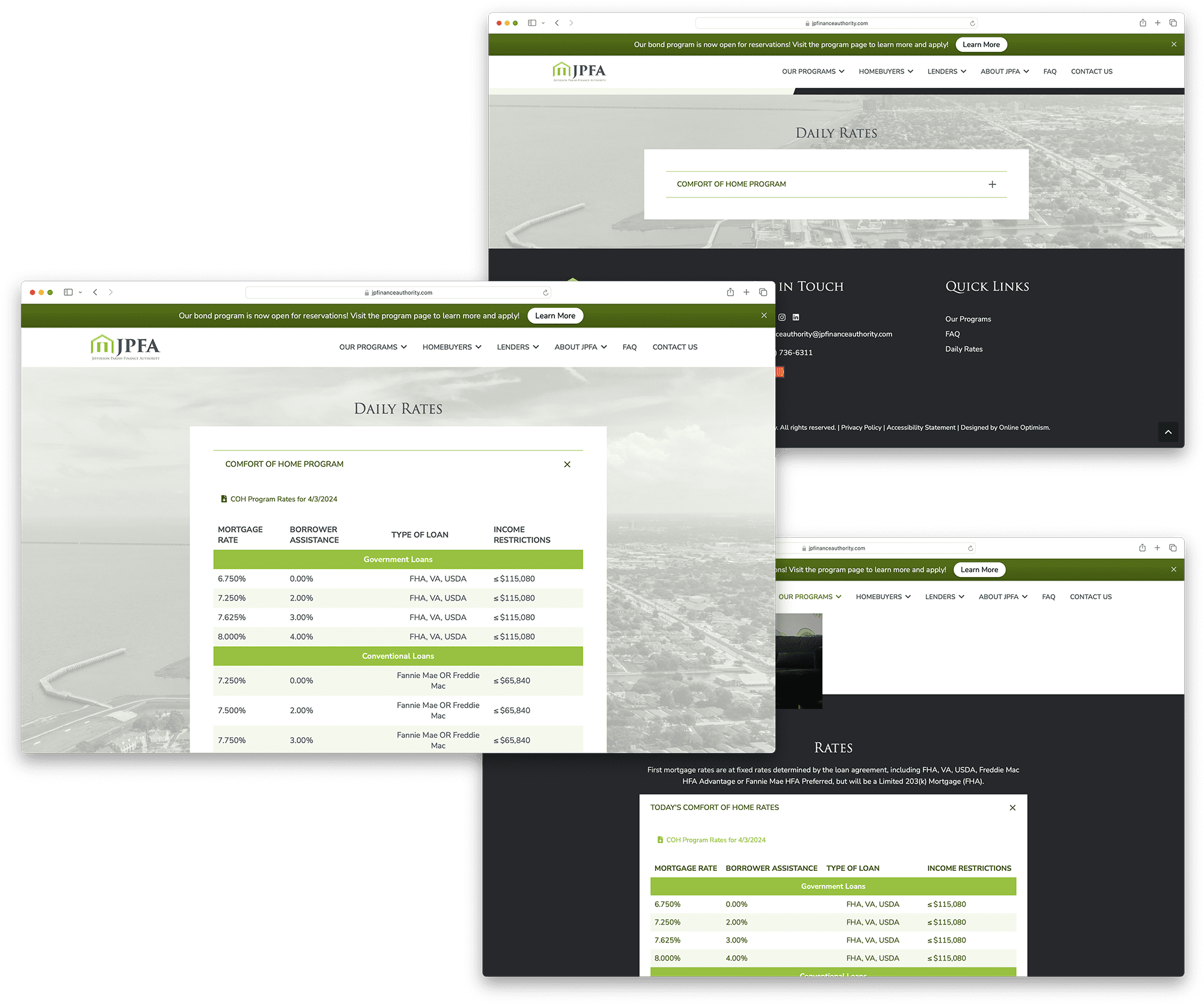 3 views of the Daily Rates table on JPFA's new website.