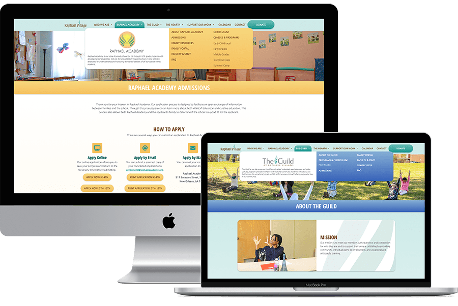 Raphael Village's custom-built mega menus for the Raphael Academy and The Guild sections of the site