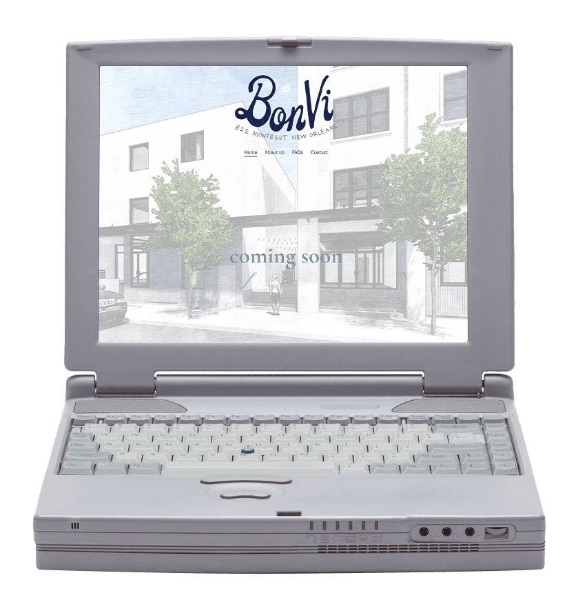 BonVi’s previous website displayed on an old laptop computer. 