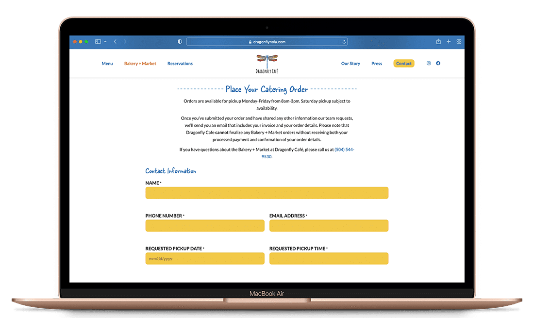 Custom Bakery + Market catering form on Dragonfly Café's new website