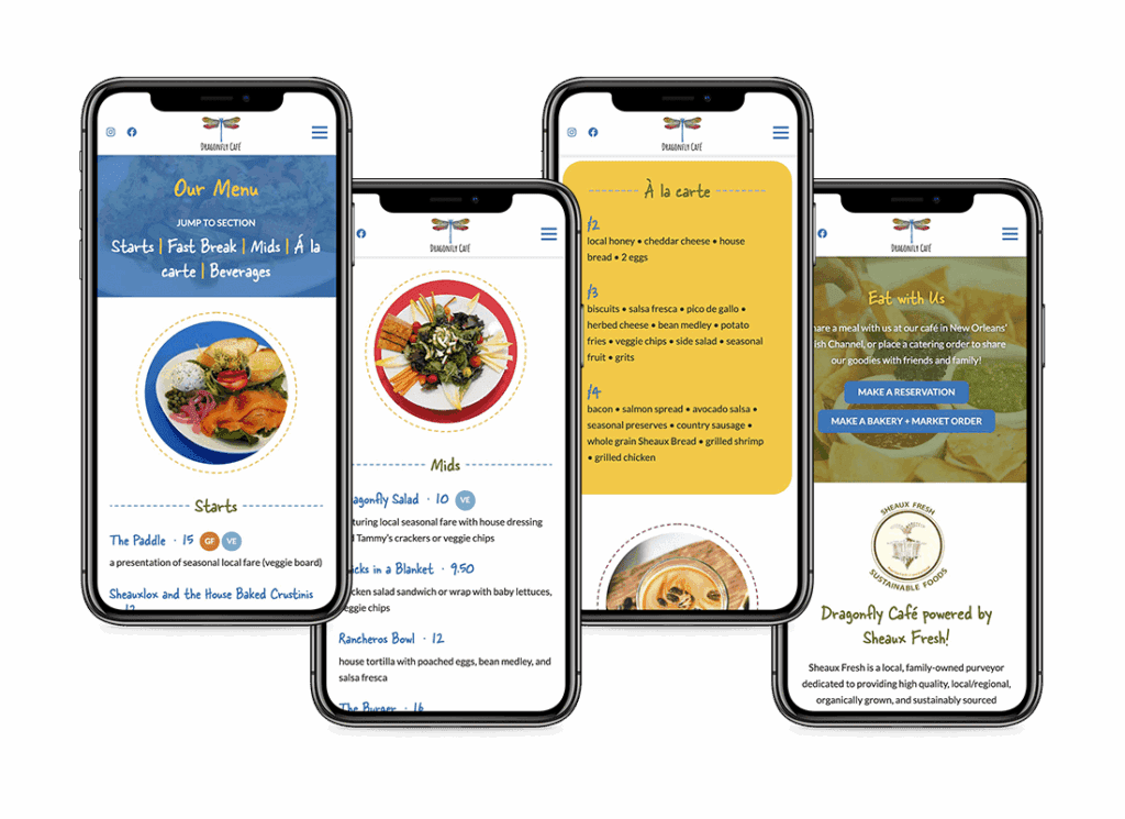 Dragonfly Café's menu in four places on iPhones