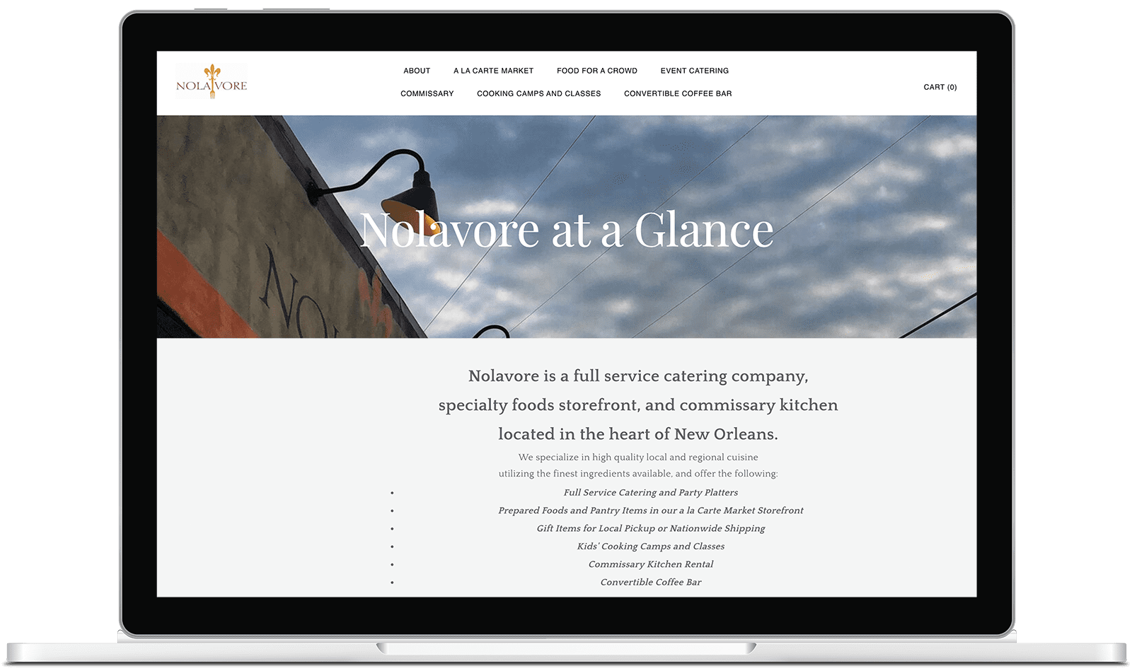 The original Nolavore site. It is on Weebly and has a simple layout, with lots of menu items at the top.