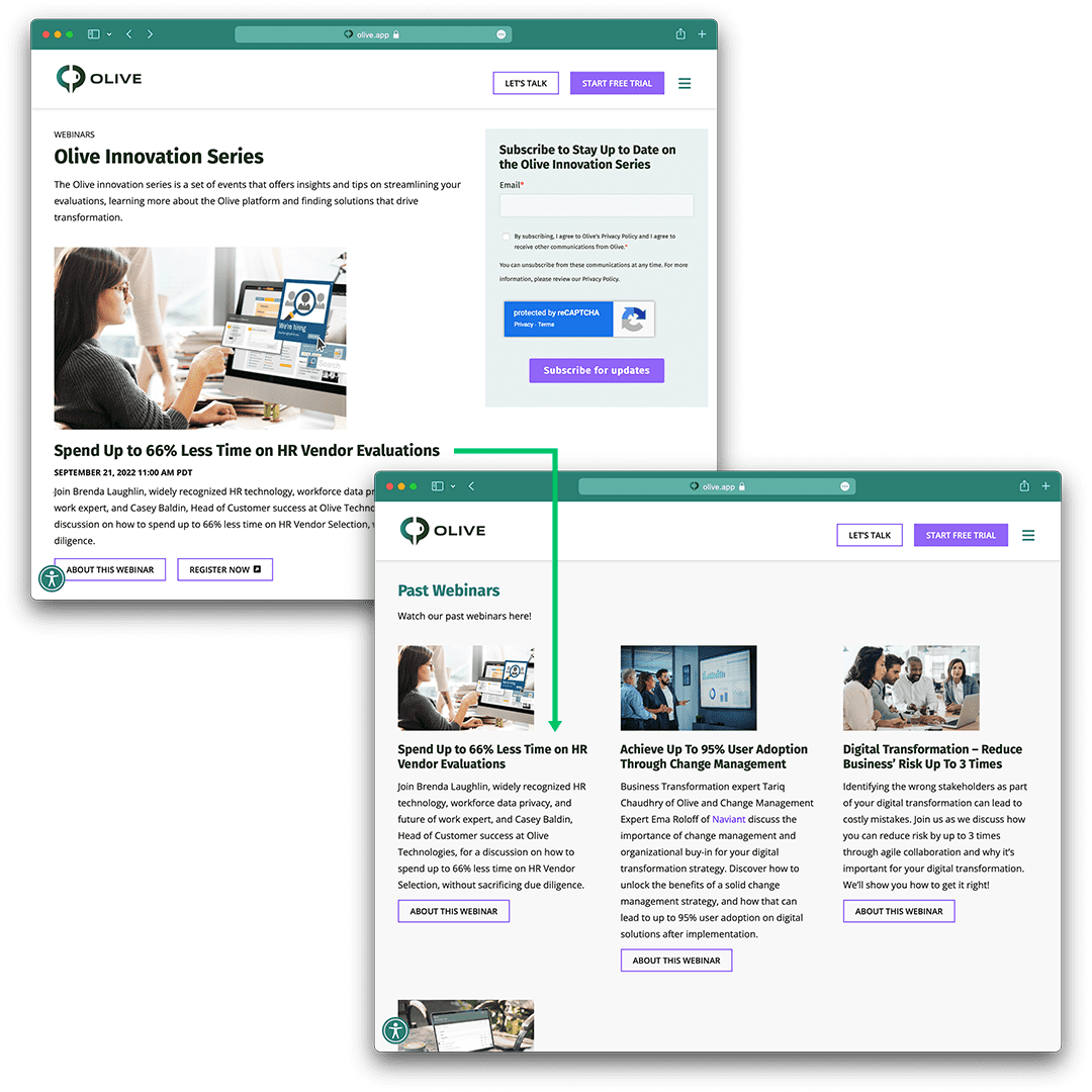 Olive's webinars automatically move from upcoming to past slots when they've passed