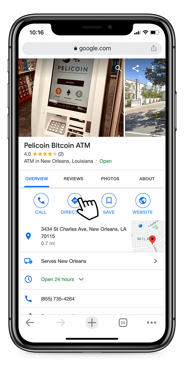 User clicking on directions to Pelicoin Bitcoin ATM