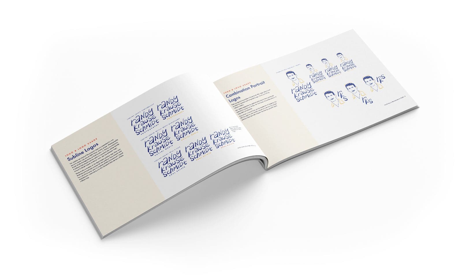 Randy Krause Schmidt's brand guide, turned to a spread displaying Randy's new logos
