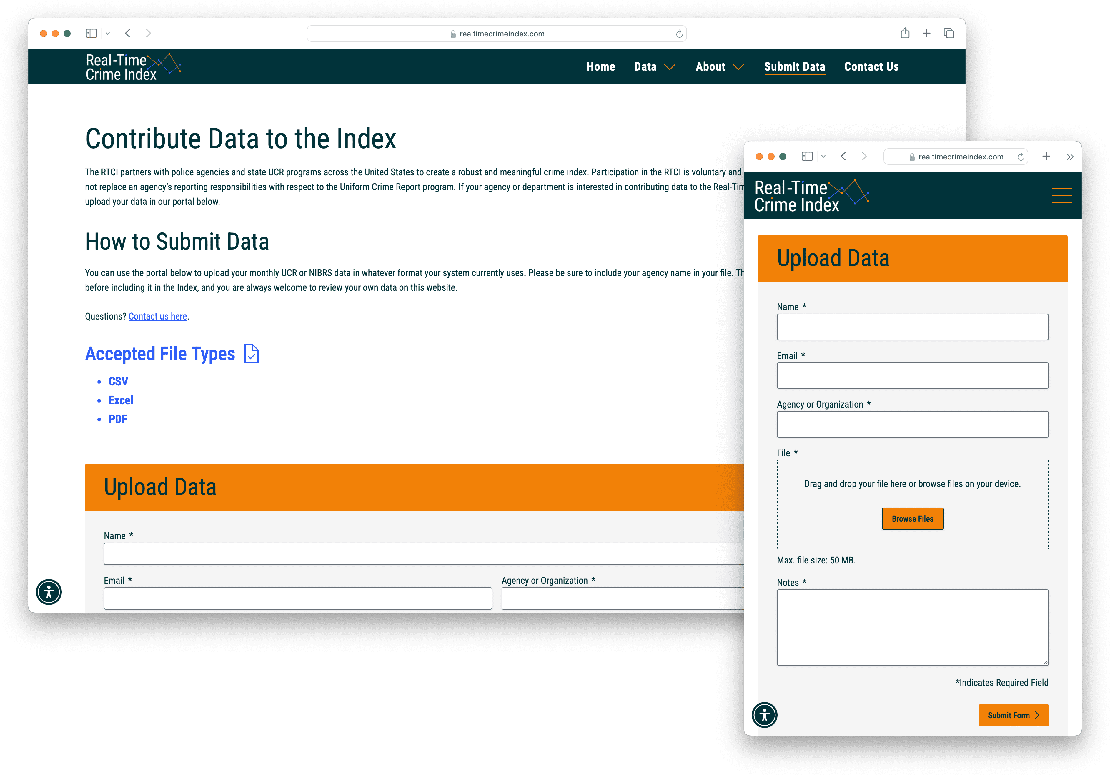Responsive views of RTCI's data submission page.