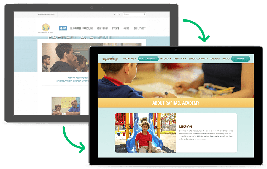 Raphael Village's old sites now redirect to the appropriate pages on the new site