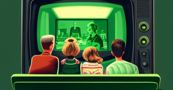 An AI-generated family watching TV together.
