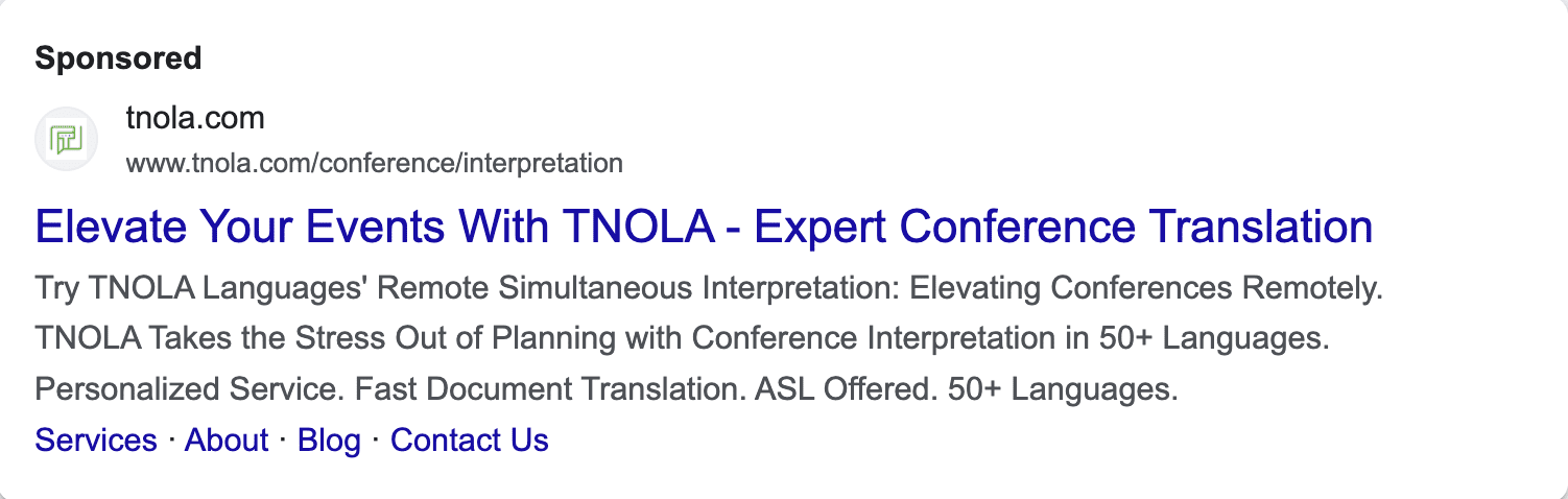 A Google ad for TNOLA that reads "Elevate Your Events With TNOLA - Expert Conference Translation"