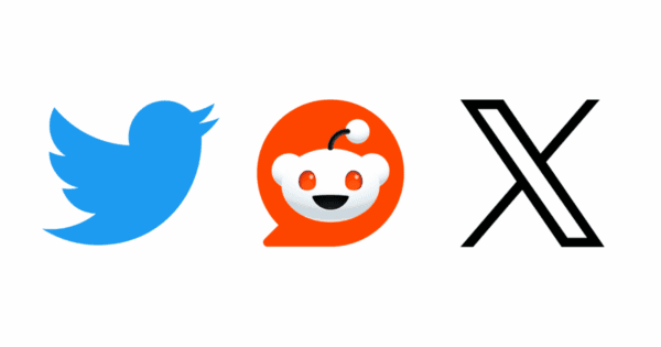 The Twitter bird icon, Reddit icon, and X icon side by side.