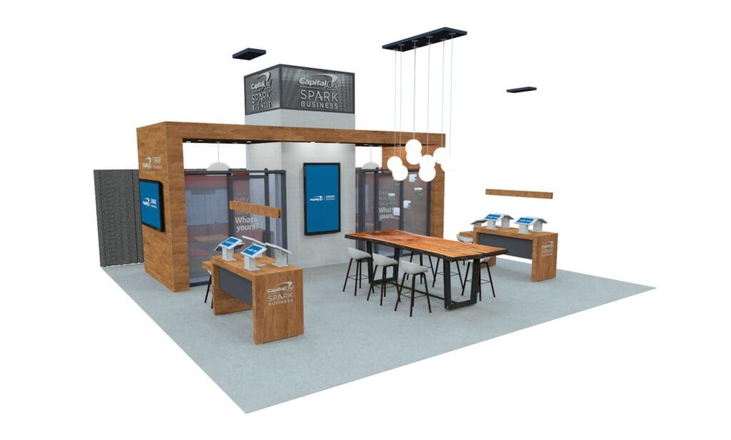 A digital model of one of Cardinal Expo's rental exhibit booths.