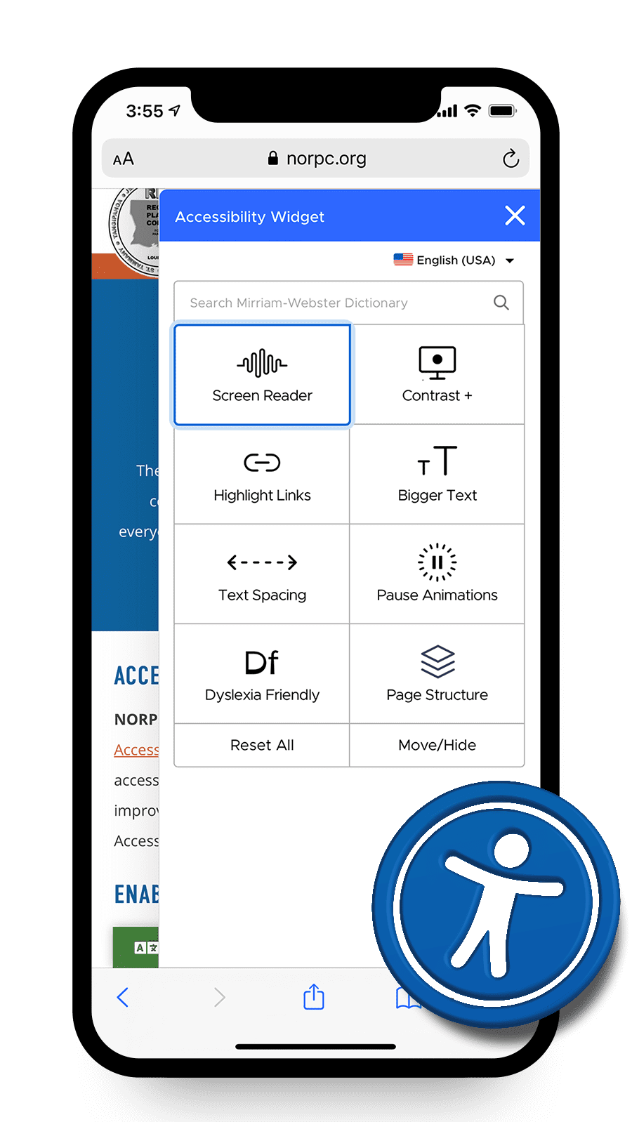 Accessibility features on NORPC's website, shown on a smartphone.