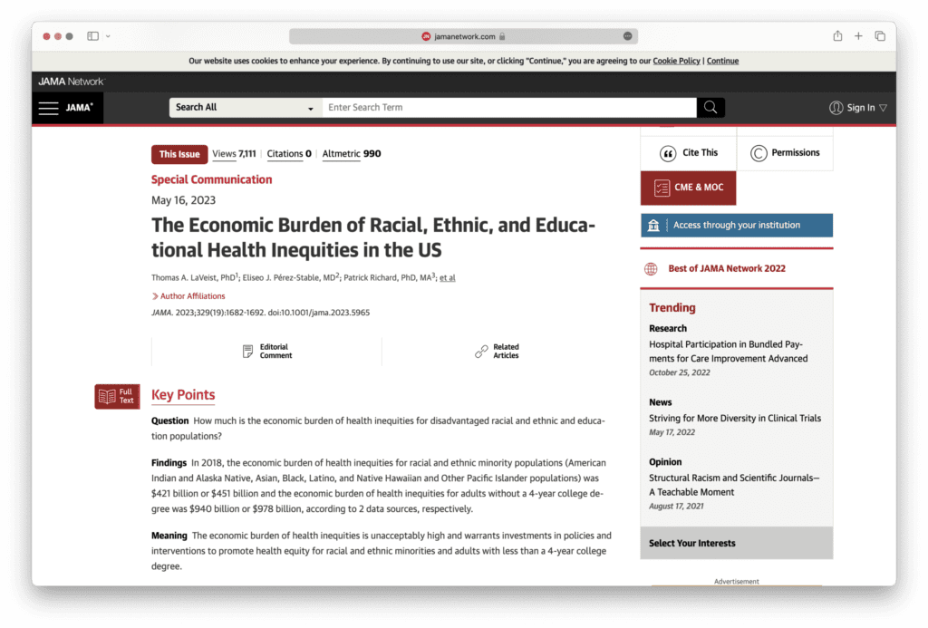 The Cost of Inequity report on JAMA.